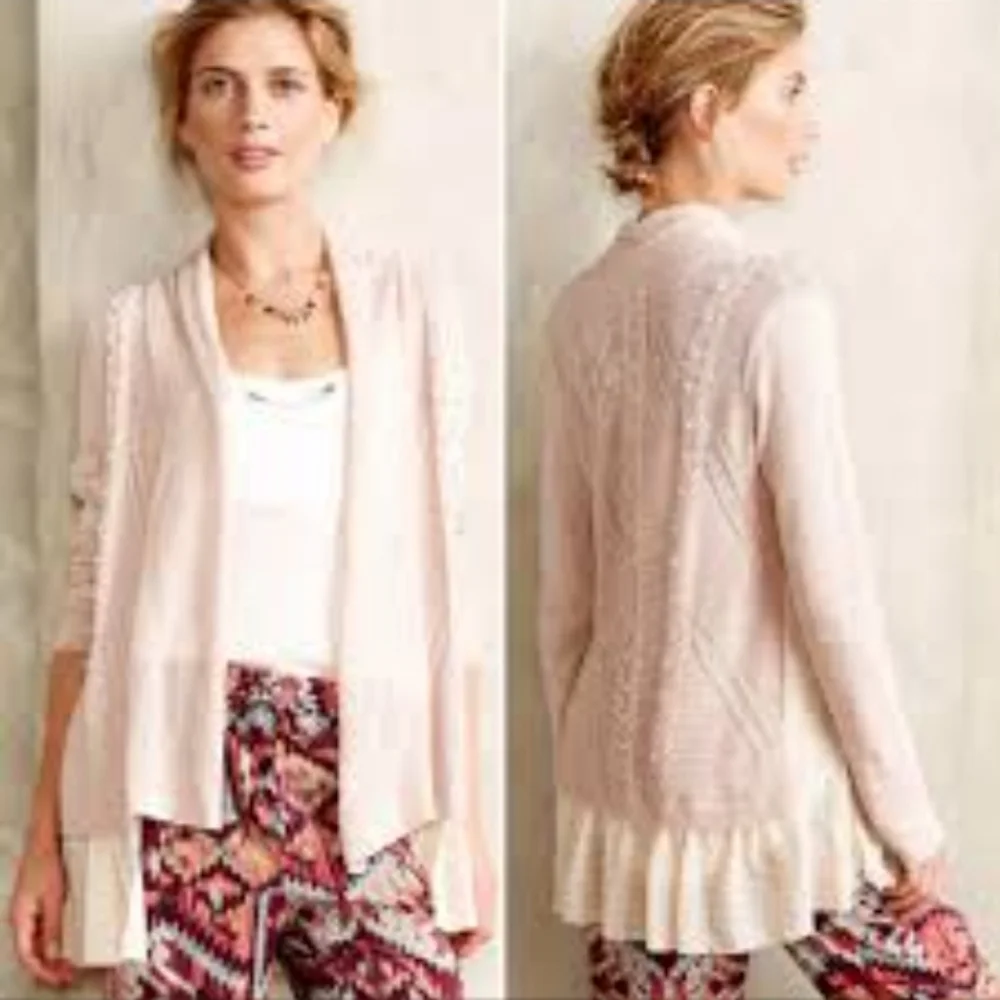 Anthropologie Pale Pink Knit Tie-Front Cardigan - Picture 3 of 13